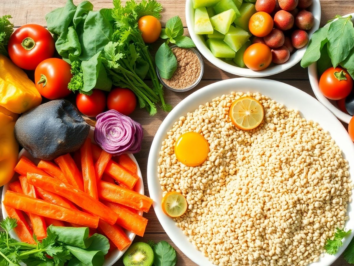 Mâncare sănătoasă cu legume și fructe proaspete.