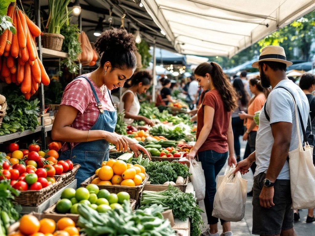 Oameni aleg produse ecologice într-o piață vibrantă.