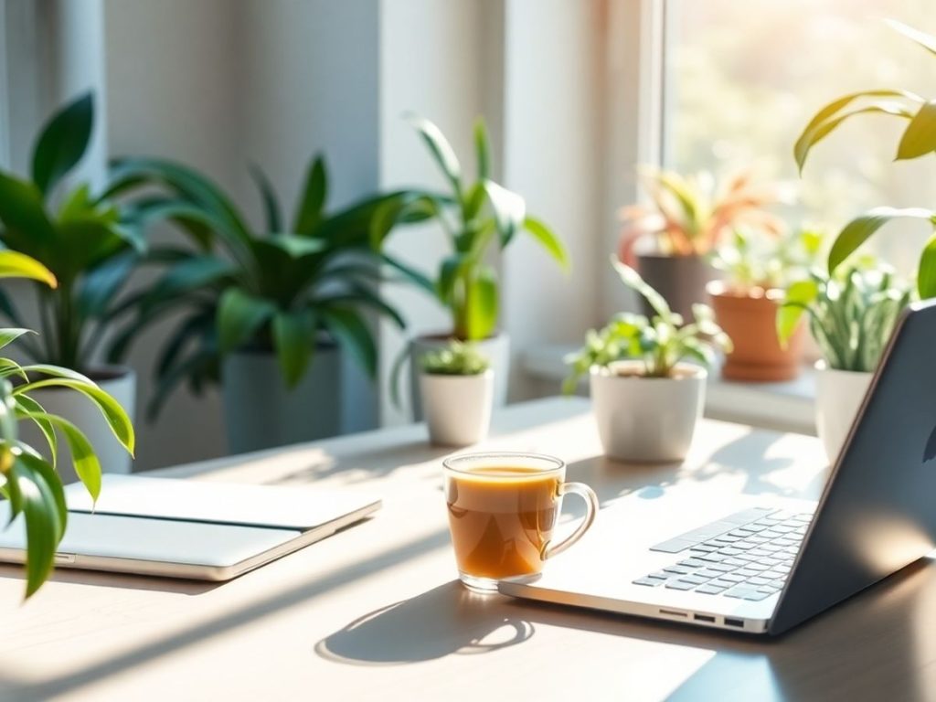 Spațiu de lucru modern cu plante și cafea.