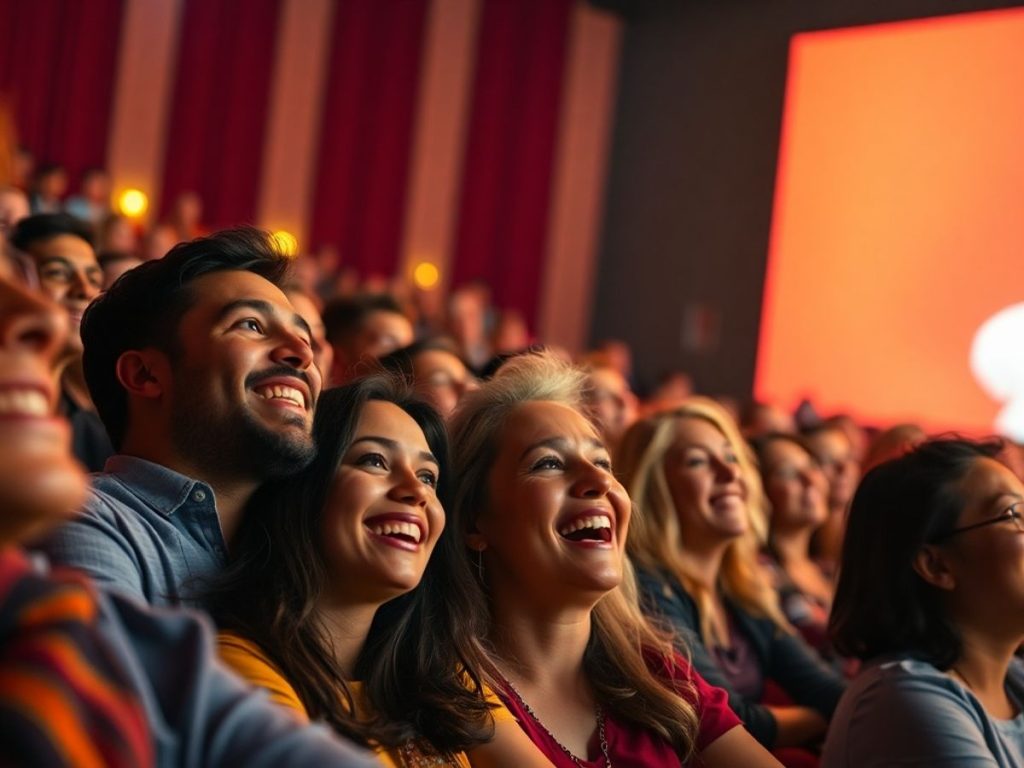 Oameni bucurându-se de un film într-o sală de cinema.