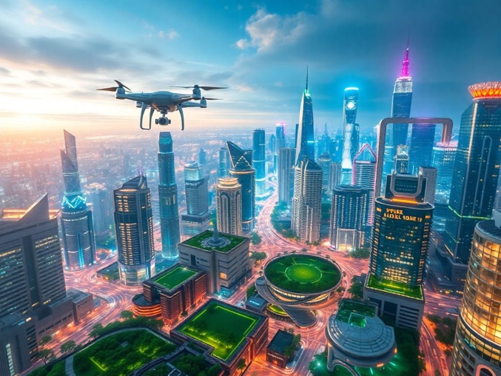 Oraș futurist cu tehnologie avansată și arhitectură inovatoare.