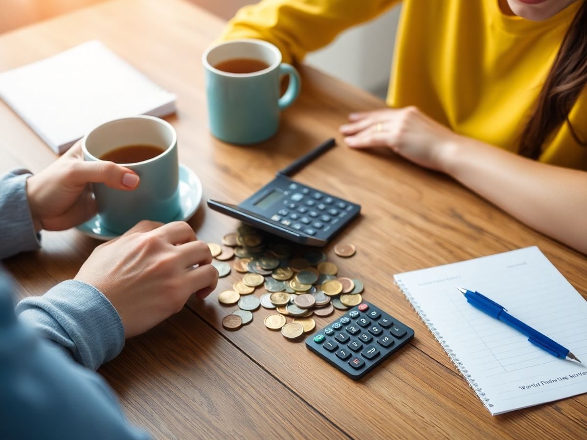 Persoană care își gestionează bugetul cu monede și calculator.