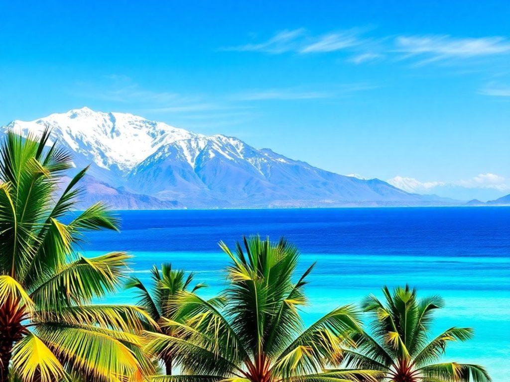 Munți înzăpeziți și o plajă tropicală.