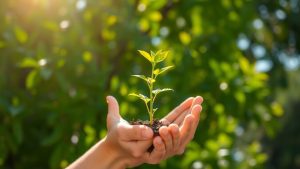 Mâini ținând un mic copac verde în natură.