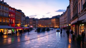 TrendAlert 33 Oraș vibrant cu clădiri iluminate și străzi animate.