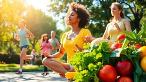 Oameni activi și alimente proaspete, simboluri ale sănătății.