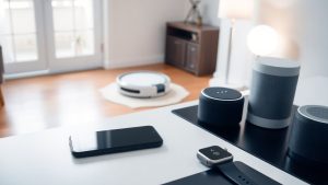 Gadgeturi moderne pe un birou într-un spațiu luminos.